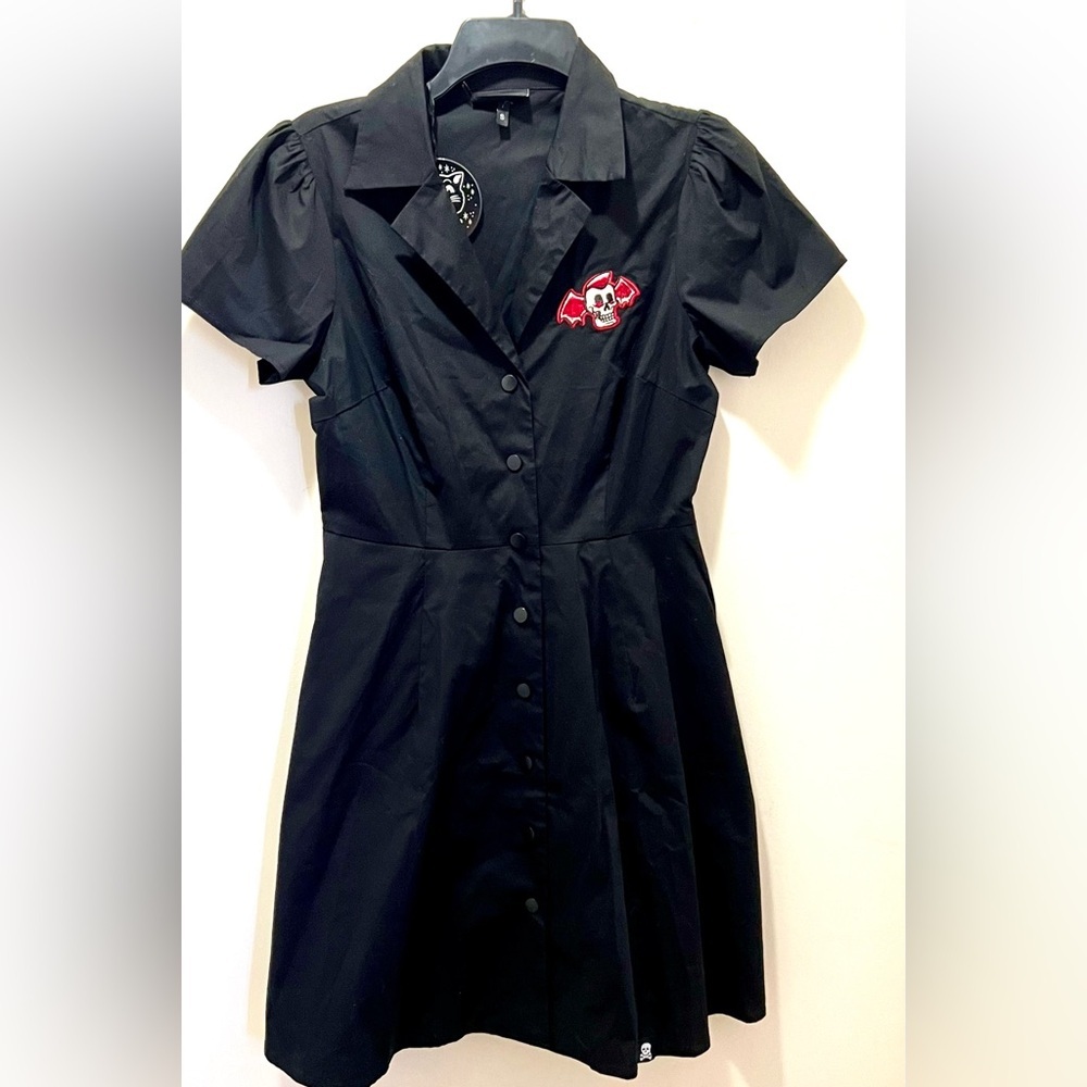 SOURPUSS dress black winged skull patch collared snap closure small NWOT - Picture 5 of 11